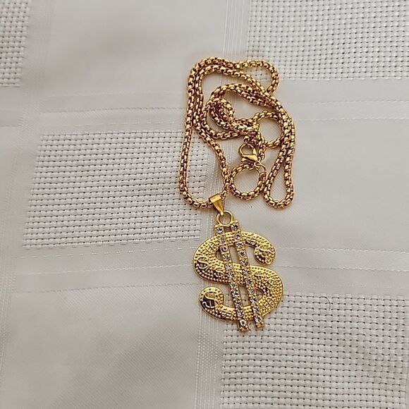 Men's Gold Plated Dollar Sign Pendant Chain 13" - Picture 9 of 16